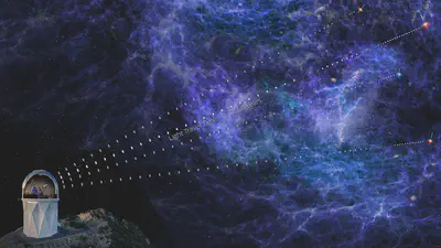 This artist’s rendering shows light from quasars passing through intergalactic clouds of hydrogen gas. Researchers can analyze the light to learn about distant cosmic structure. Credit: NOIRLab/NSF/AURA/P. Marenfeld and DESI collaboration