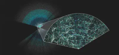 DESI has made the largest 3D map of our universe to date. Earth is at the center of this thin slice of the full map. In the magnified section, it is easy to see the underlying structure of matter in our universe. Credit: Claire Lamman/DESI collaboration; custom colormap package by cmastro